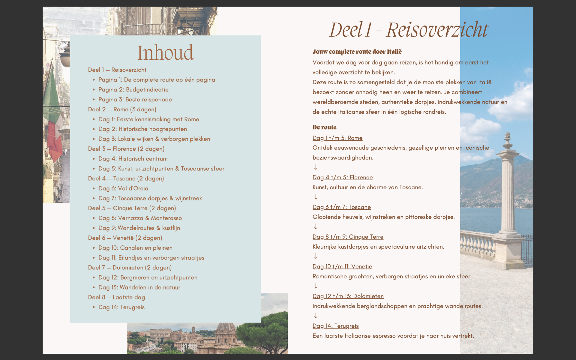 Inhoud en reisoverzicht — pagina uit de Italië rondreis
