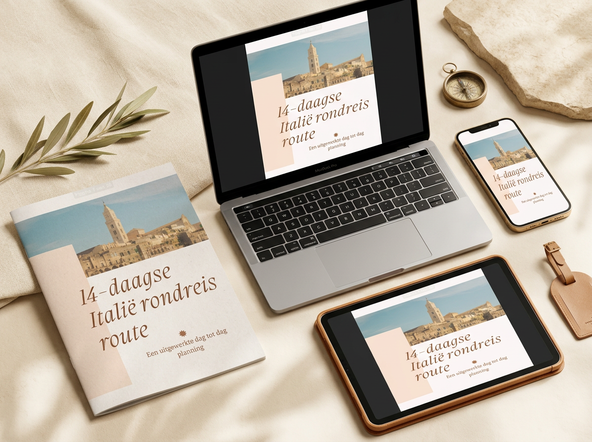 De 14-daagse Italië rondreis route op laptop, telefoon, tablet en als geprint boekje